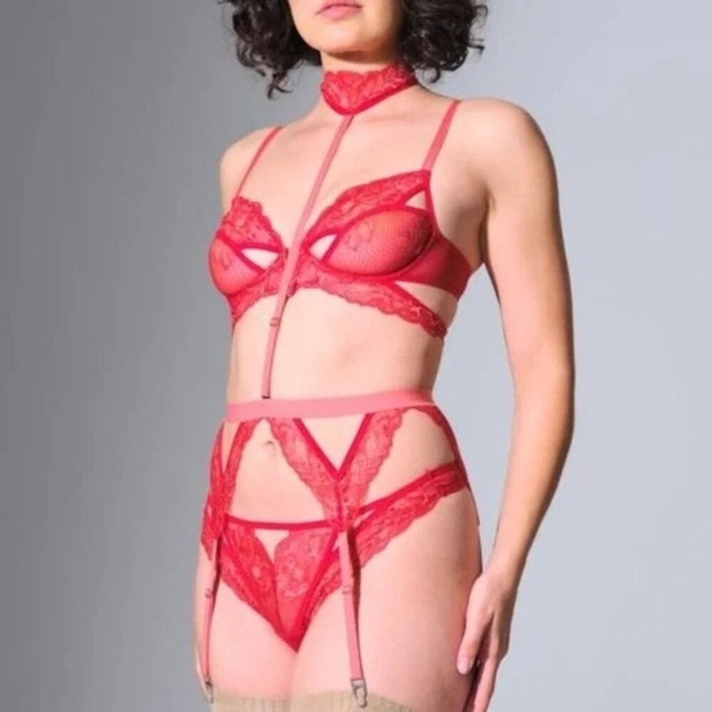 Thistle & Spire Red Lace Garter Belt W/ Detachable Choker Coquette Red/Peach - M